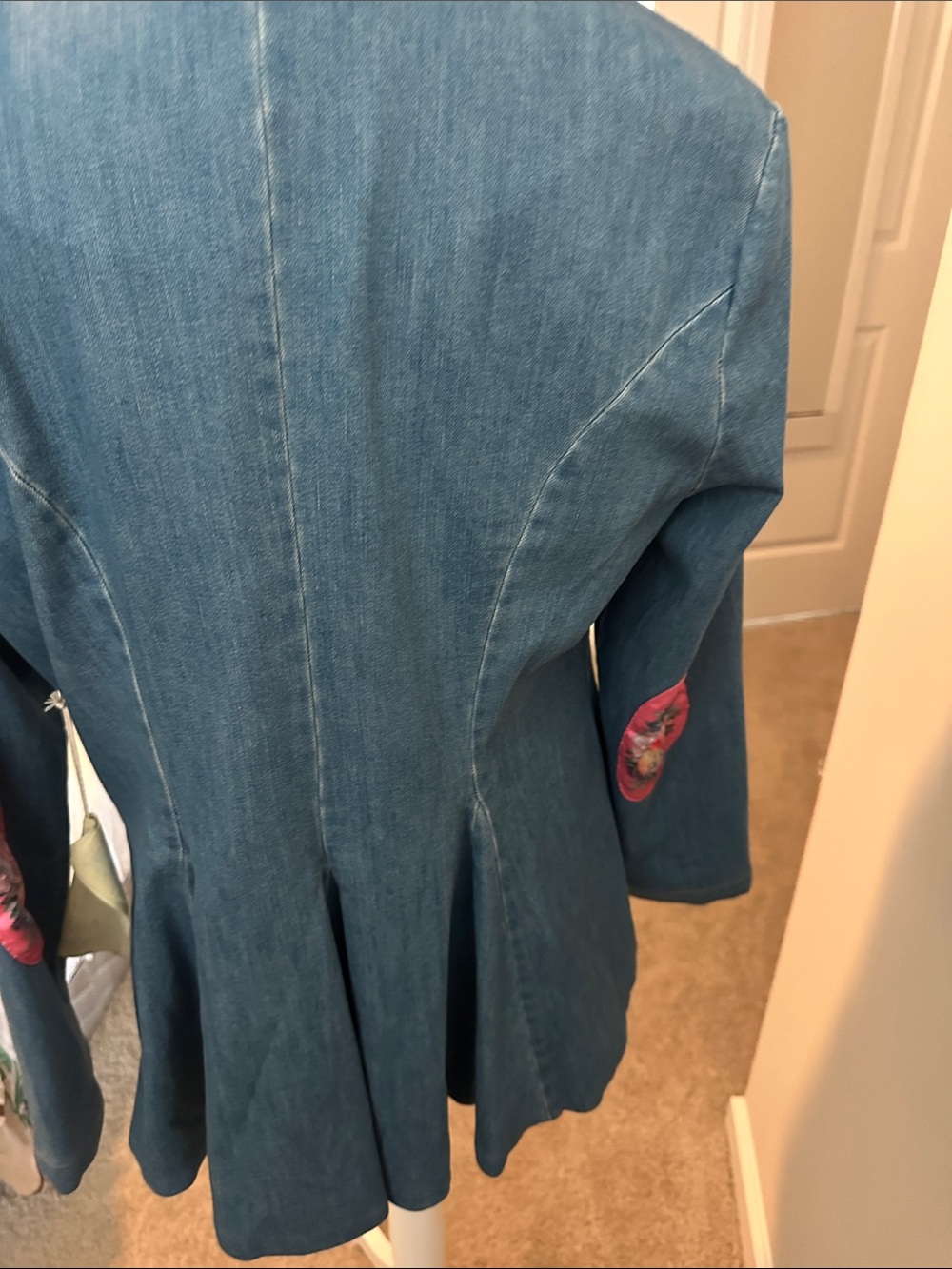 Embroidered Blue Denim Blazer Jacket with Pink Floral Detail - Picture 4 of 6